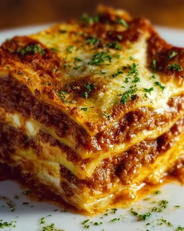 Delicious layered cheesy Italian lasagna with rich meat and cheese filling