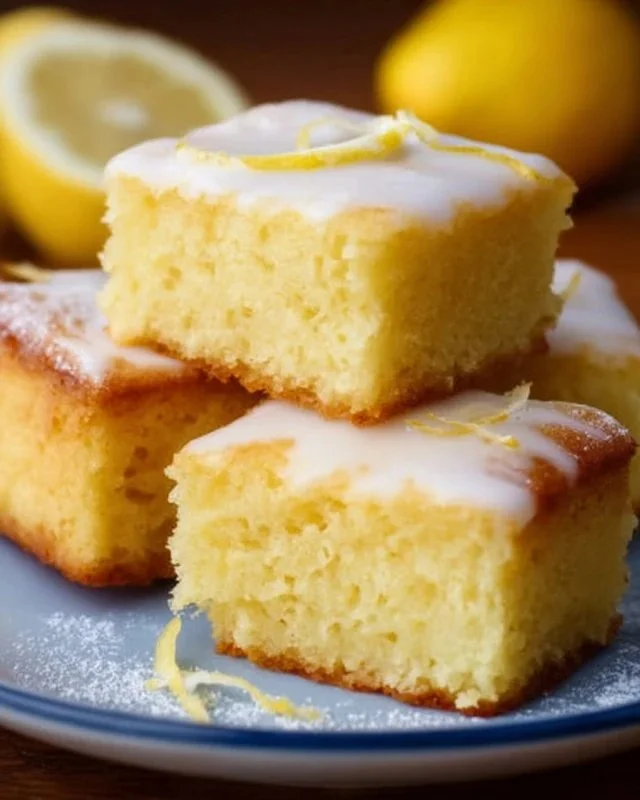 Delicious homemade lemon brownies topped with powdered sugar.