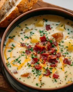 Bowl of creamy loaded potato soup topped with cheese, bacon, and green onions