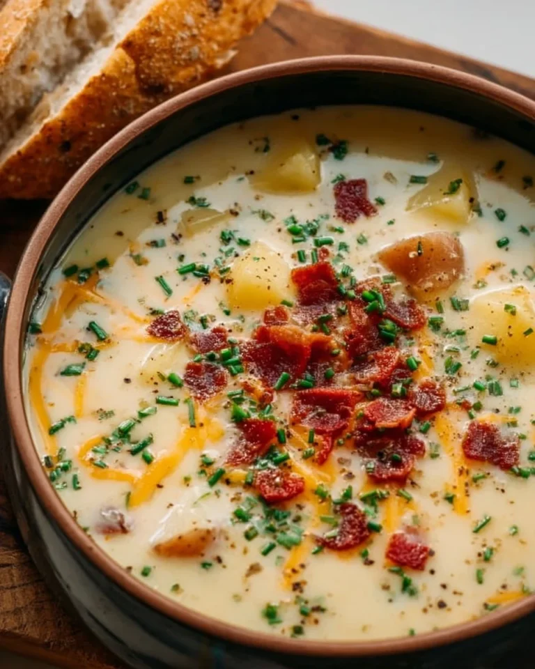 Bowl of creamy loaded potato soup topped with cheese, bacon, and green onions