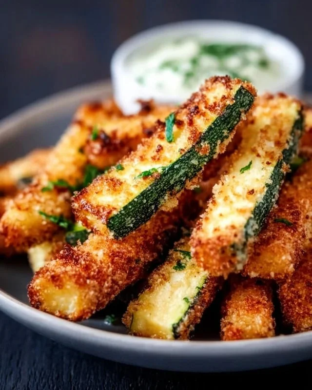 Crispy low calorie air fryer zucchini fries served with dipping sauce