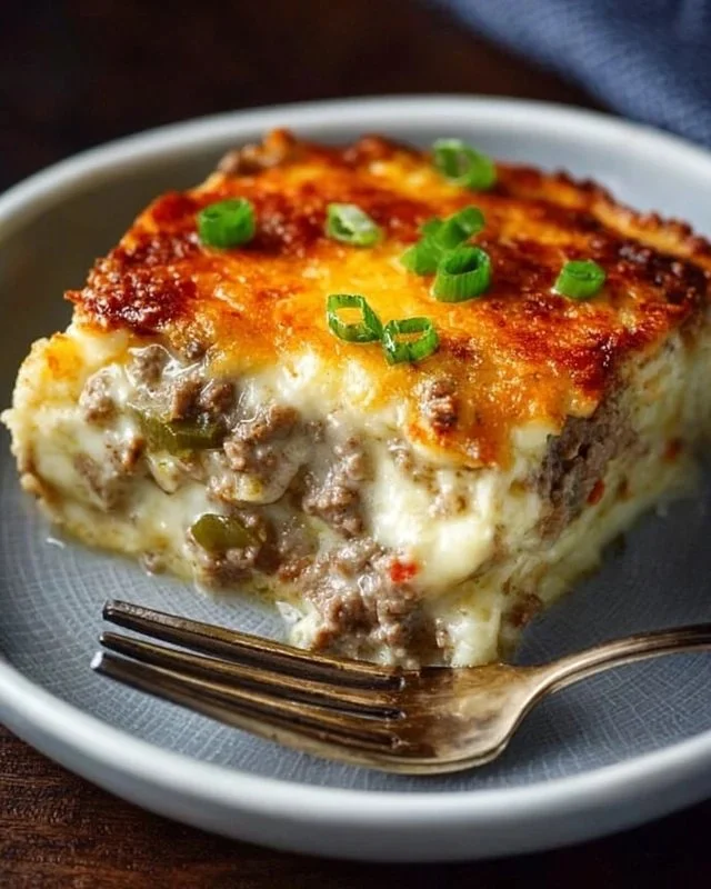 Delicious Low Carb Philly Cheesesteak Casserole topped with melted cheese and peppers