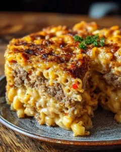 Delicious Mac and Cheese Meatloaf casserole topped with golden cheese