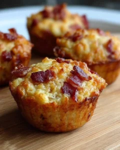 Maple Bacon Pancake Muffins topped with crispy bacon and maple syrup