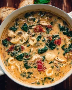 Bowl of Marry Me Tuscan Chicken Soup with herbs and bread on the side