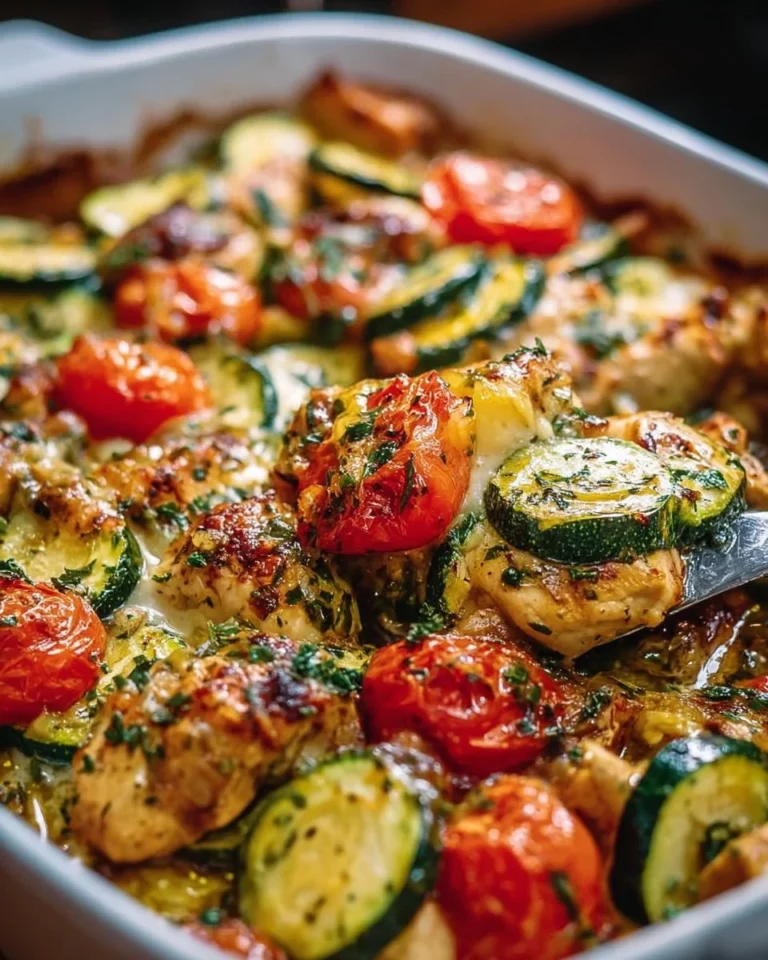Mediterranean Chicken Zucchini Bake garnished with herbs and served in a dish
