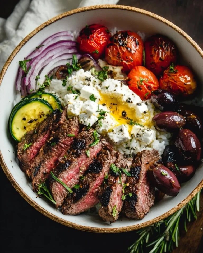 Delicious Mediterranean Steak Bowl with fresh ingredients and juicy steak