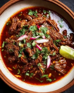 A delicious plate of Mexican Beef Birria served with fresh herbs and spices