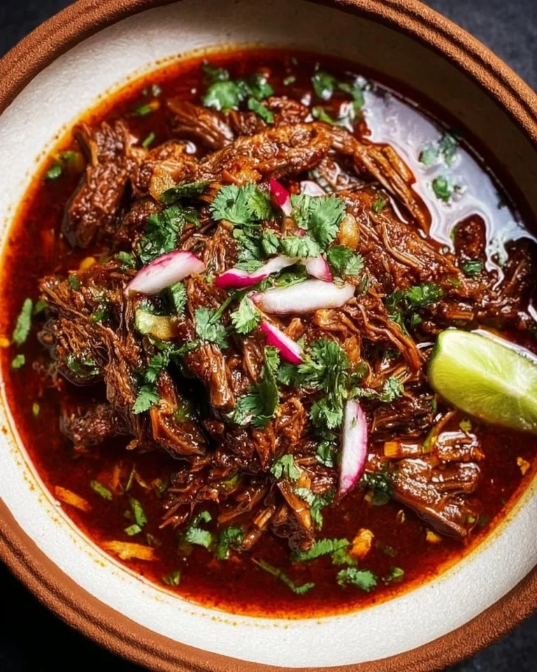 A delicious plate of Mexican Beef Birria served with fresh herbs and spices