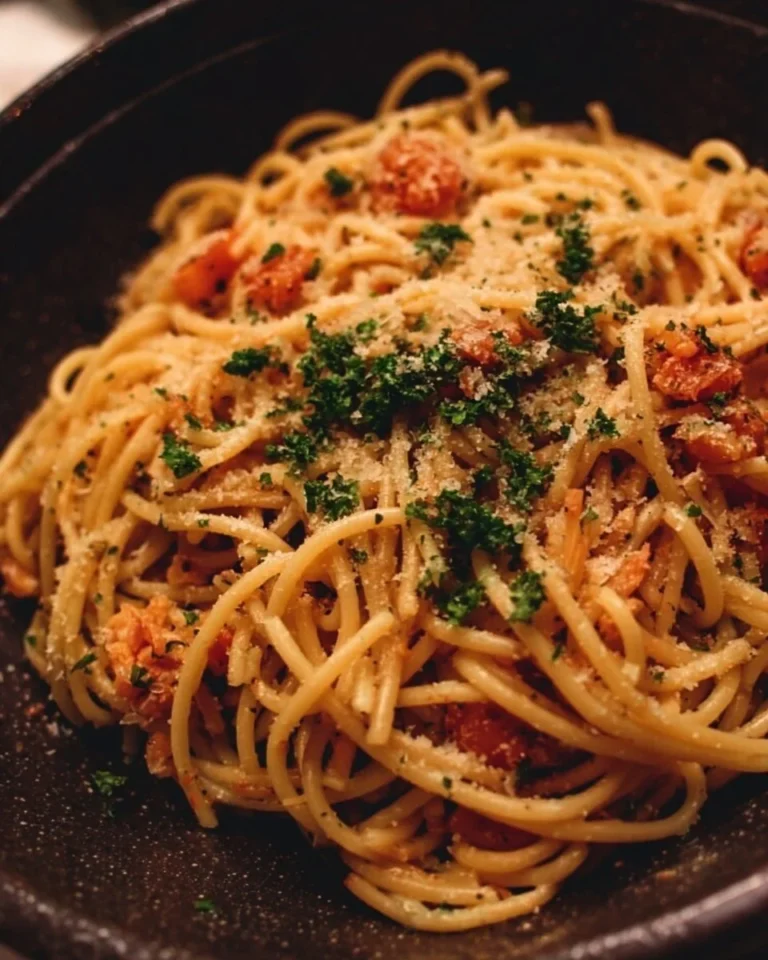 A plate of Midnight Pasta featuring garlic, olive oil, and fresh herbs.
