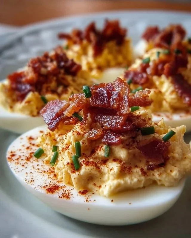 Delicious Million Dollar Bacon Deviled Eggs garnished with crispy bacon
