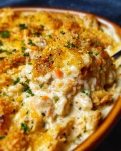 Million Dollar Chicken Casserole topped with crispy cheese and greens
