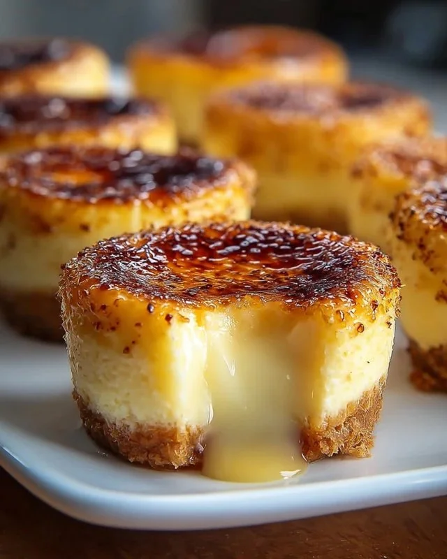 Mini Crème Brûlée Cheesecakes topped with caramelized sugar and decorative berries.