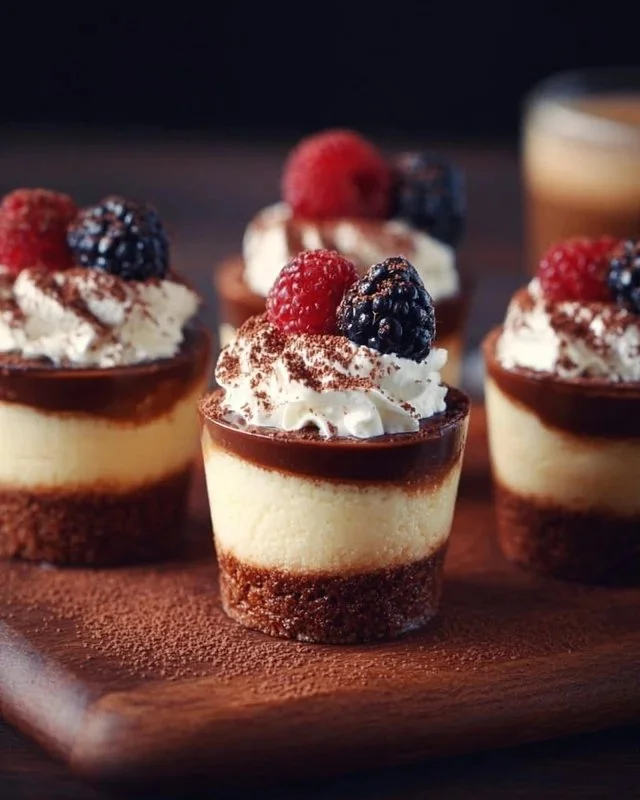 Assorted mini dessert cups with colorful toppings and fresh fruit
