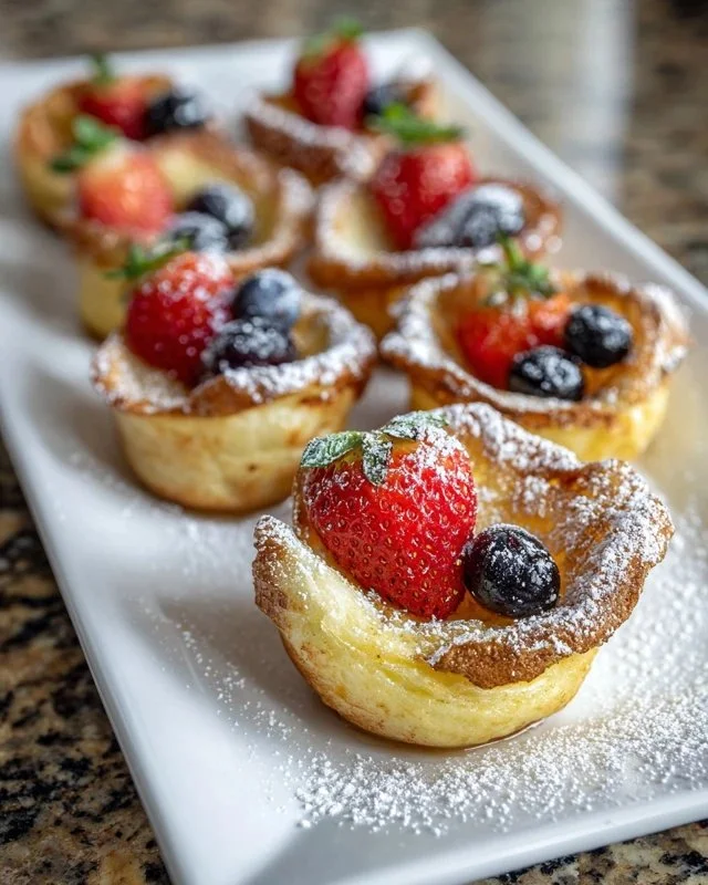 Fluffy mini German pancakes served with fresh fruits and syrup.