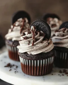 Moist chocolate cupcakes with cookies and cream buttercream frosting