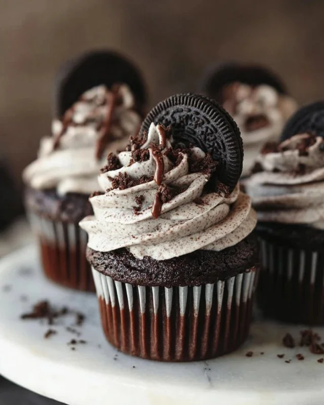 Moist chocolate cupcakes with cookies and cream buttercream frosting