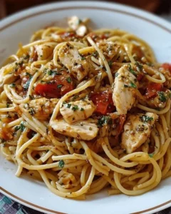 Delicious Monterey Chicken Spaghetti served in a bowl with fresh herbs