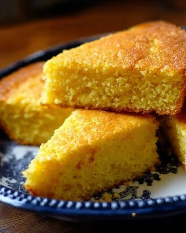Delicious slice of Nana's Famous Cornbread served on a rustic table