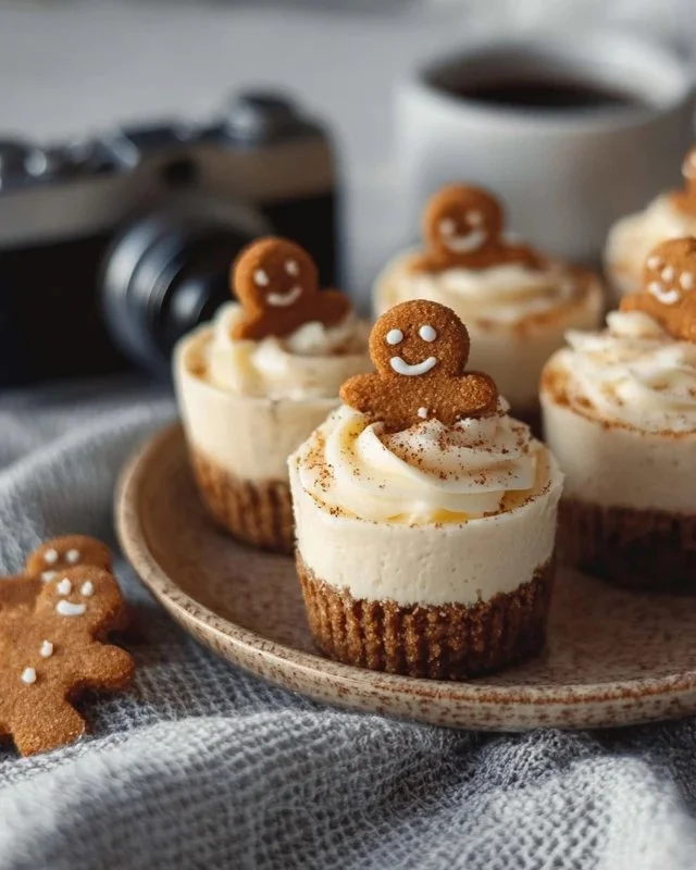 No-bake gingerbread cheesecake cups topped with festive spices and whipped cream.