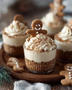 No-bake gingerbread cheesecake cups topped with festive decorations