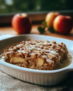 Baked oatmeal apple breakfast dish served in a rustic dish