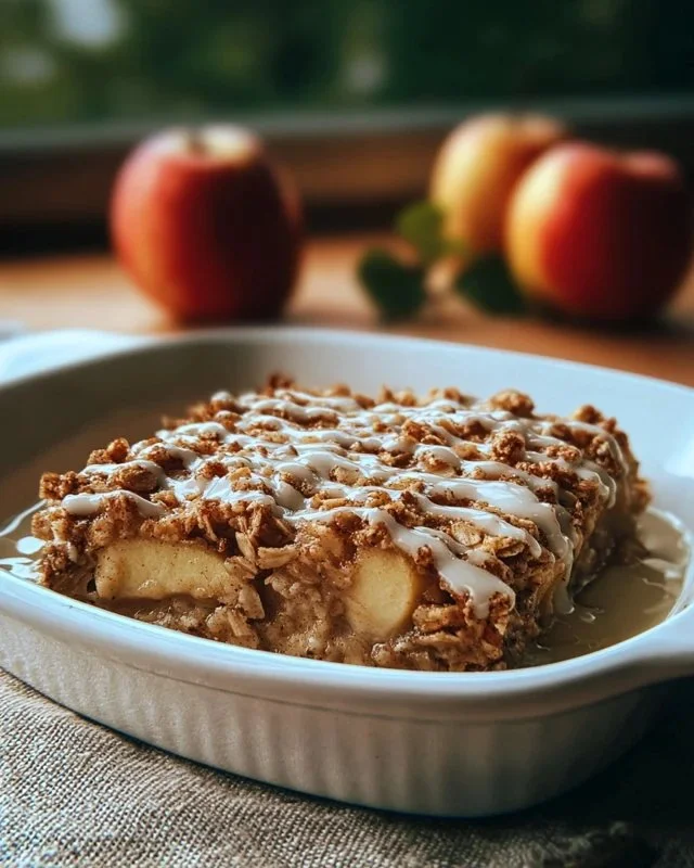 Baked oatmeal apple breakfast dish served in a rustic dish