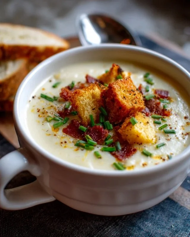 Bowl of old-fashioned potato soup topped with herbs and croutons