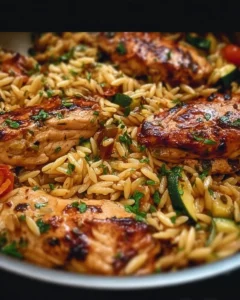 One-Pan Balsamic Chicken Orzo dish garnished with herbs and served in a pan