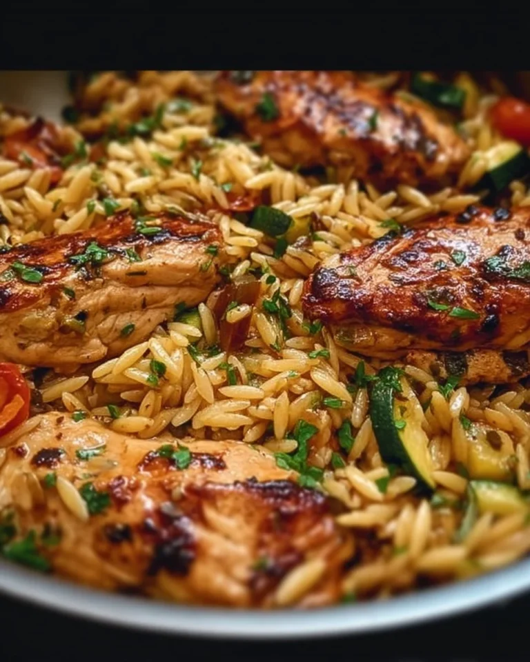 One-Pan Balsamic Chicken Orzo dish garnished with herbs and served in a pan