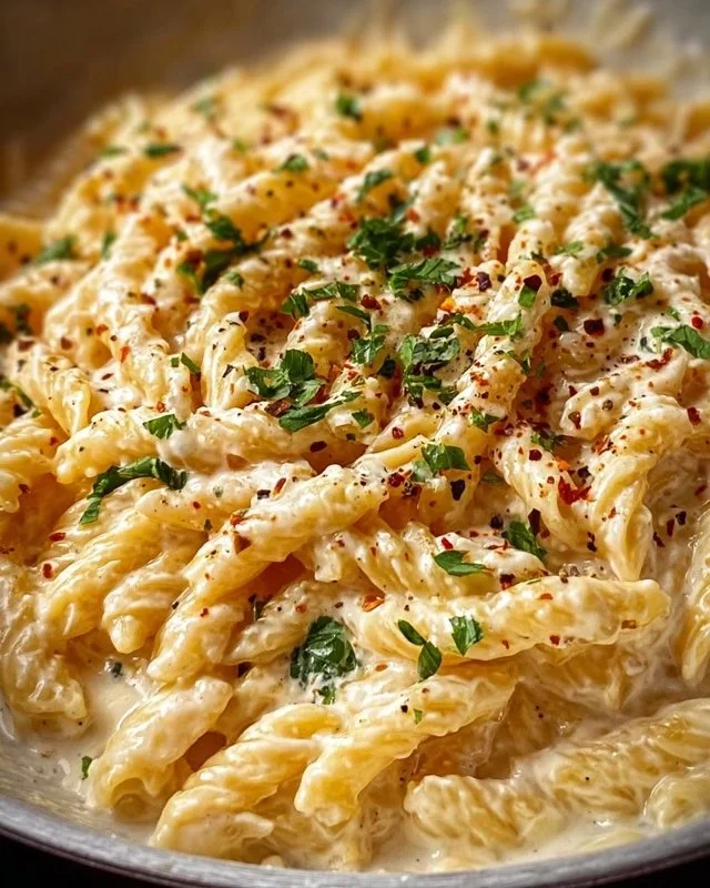 One pot creamy garlic pasta in a bowl, garnished with parsley