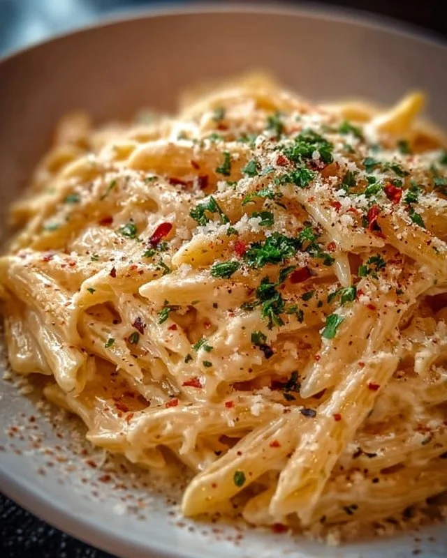 One pot creamy garlic pasta served in a bowl with parsley garnish
