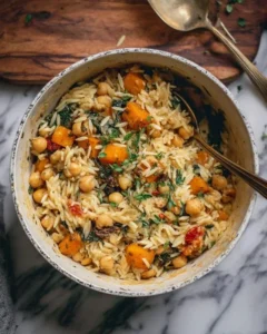 One Pot Fall Vegetable Orzo with Chickpeas in a colorful bowl