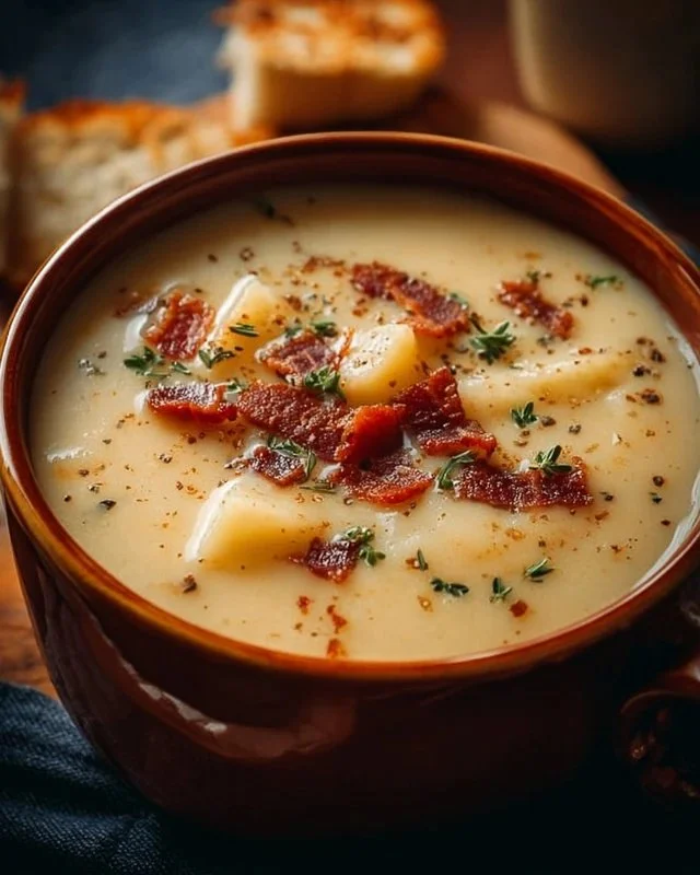 Bowl of creamy Outback Steakhouse-inspired potato soup topped with chives.