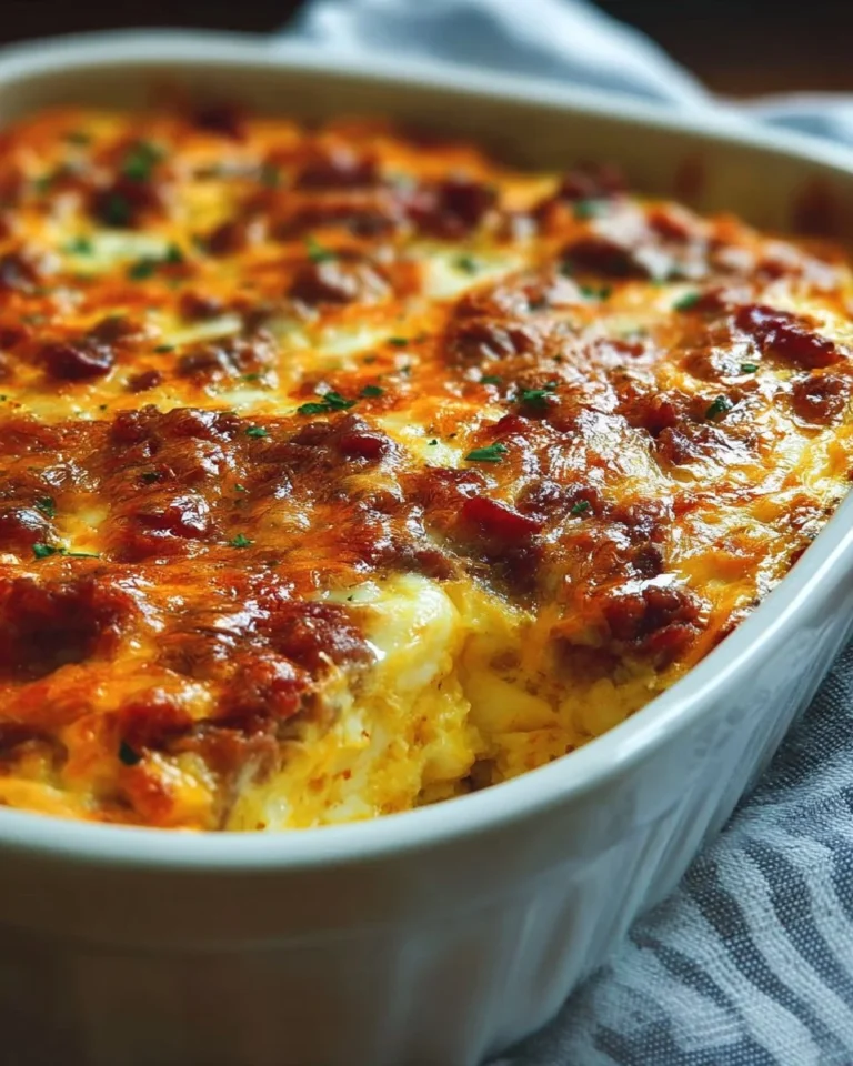 A delicious overnight breakfast casserole with eggs, cheese, and vegetables baked to perfection.