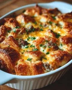 Delicious overnight croissant breakfast casserole served on a plate
