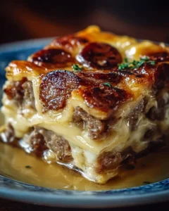 Delicious Pancake Sausage Casserole with maple syrup and sausage pieces.