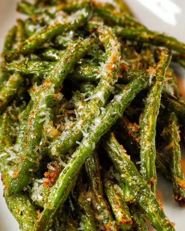 Parmesan roasted green beans topped with cheese in a serving dish