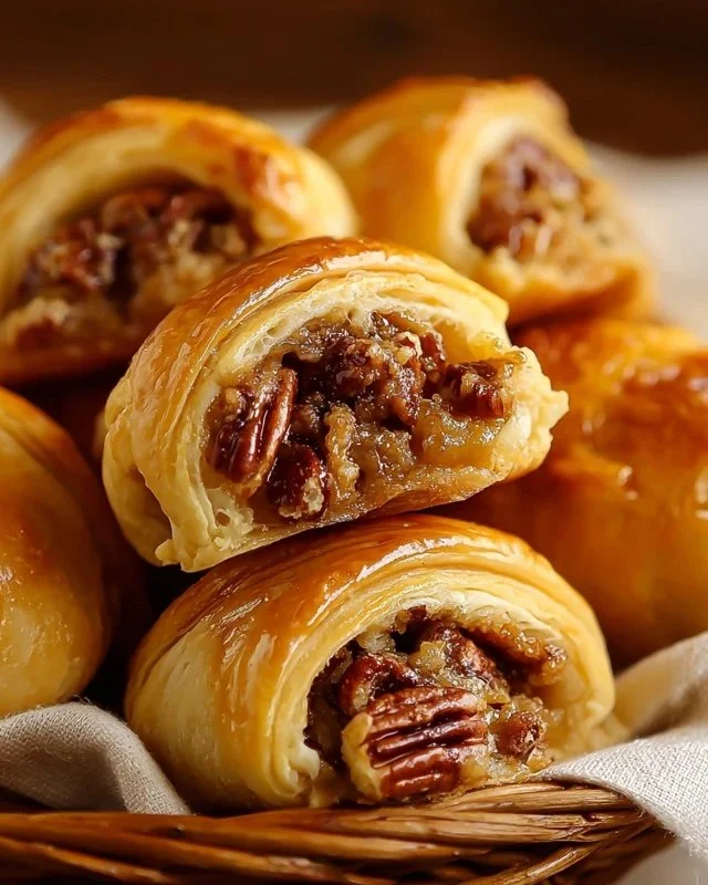 Pecan Pie Crescent Rolls with pecans and caramel sauce on a plate