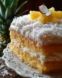 A slice of Pineapple Coconut Dream Cake topped with coconut flakes and pineapple slices.