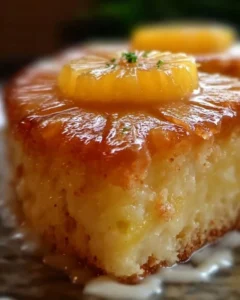 Delicious Pineapple Heaven Cake garnished with fresh pineapples and cream