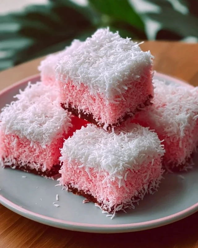 Pink Coconut Snowball Cake Bars with coconut topping on a white plate