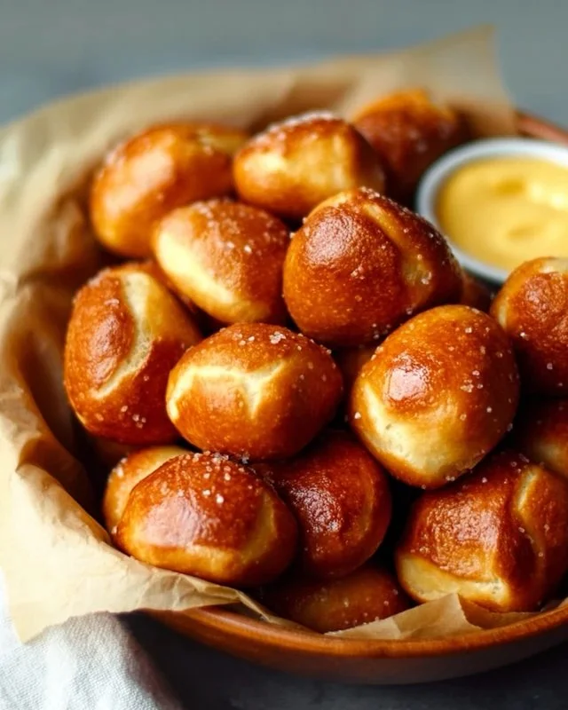 Bowl of homemade pretzel bites with sea salt and dipping sauce