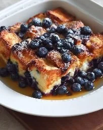 Quick Blueberry French Toast Casserole topped with fresh blueberries