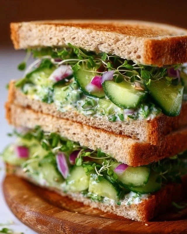 Quick cucumber salad sandwiches with fresh ingredients served on a plate.