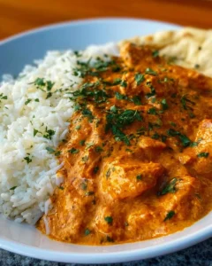 Delicious homemade butter chicken dish served on a plate with rice.