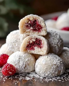 Plate of raspberry almond snowball cookies dusted with powdered sugar