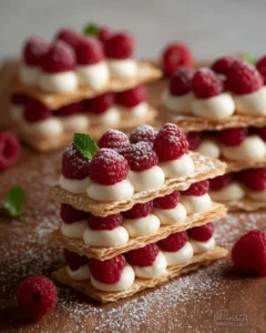 Delicious Raspberry Cream Napoleons layered with pastry and raspberry cream