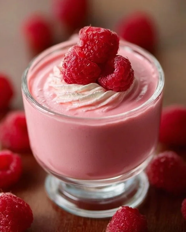 Delicious homemade raspberry mousse dessert topped with fresh raspberries.