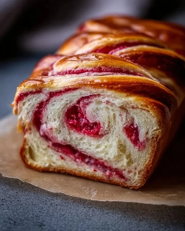 Freshly baked Raspberry Swirl Brioche Loaf with vibrant raspberry filling